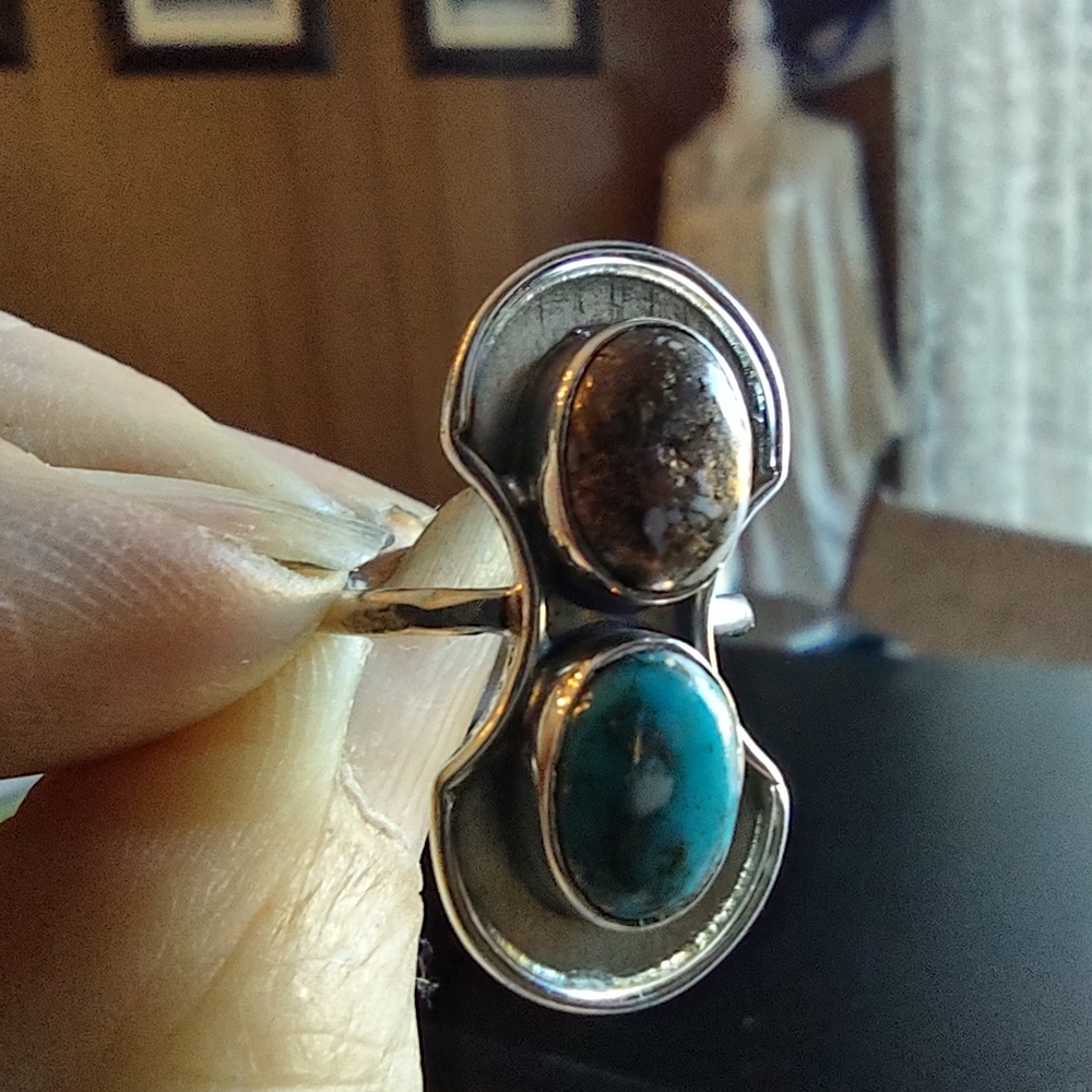 Sterling MB Navajo Double Turquoise Ring — Blue & Matrix Cabs, 925, Sz [insert] - Picture 8 of 15